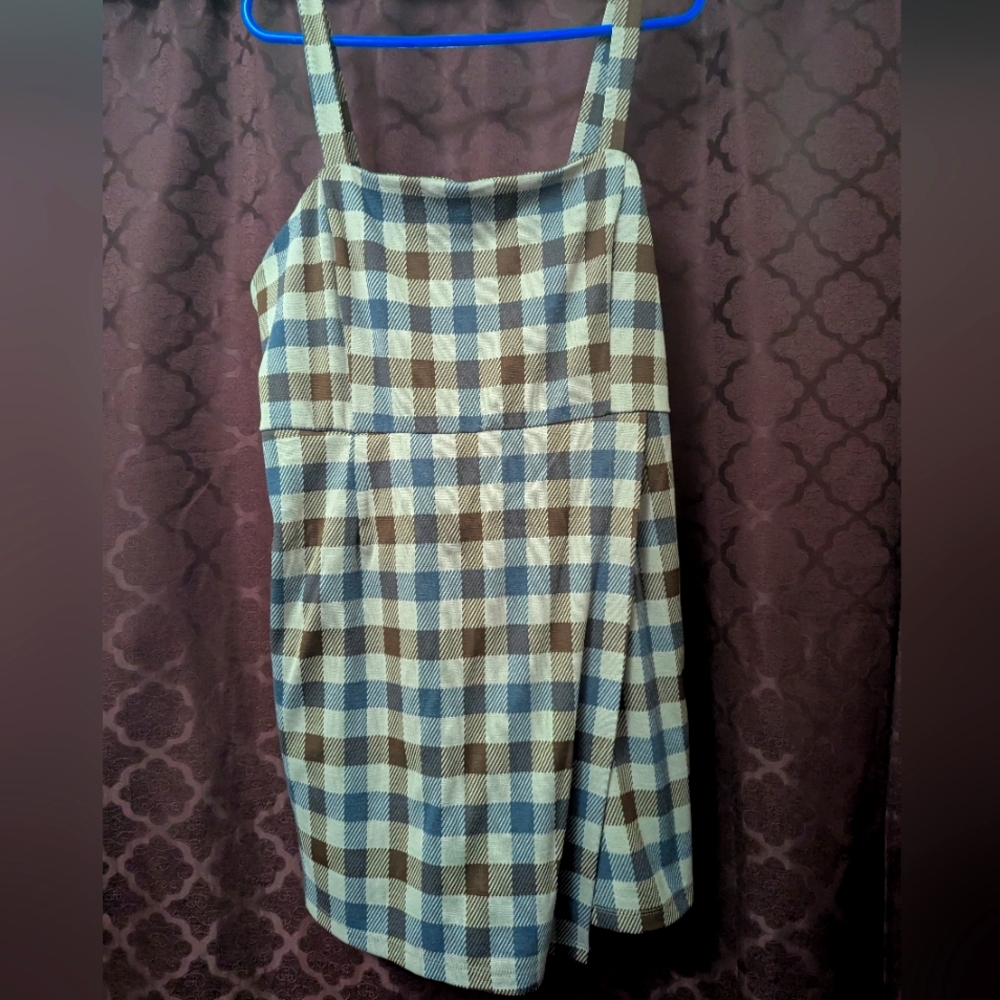 Plaid Sleeveless Skort Dress - Blue and Brown